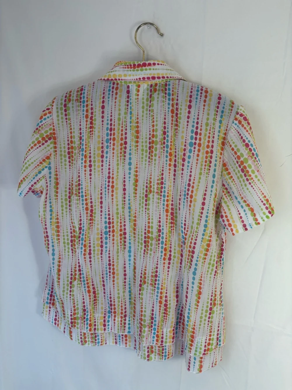 Cotton Blend White Rainbow Polka‎ Dot Lightweight Boho Short Sleeve Button Up M